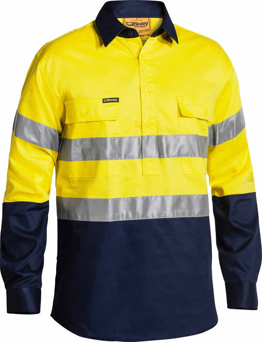 Bisley Mens Taped Two Toned Hi Vis Closed Front Drill Shirt Long Sleeve - BTC6456