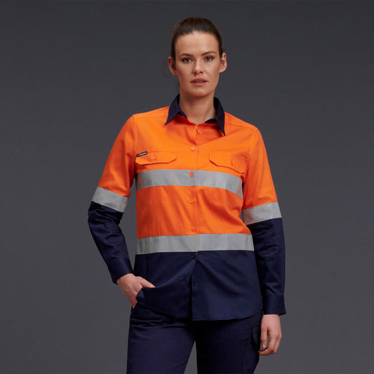 KingGee Women's Hi Vis Taped Cotton Long Sleeve Shirt - K44532