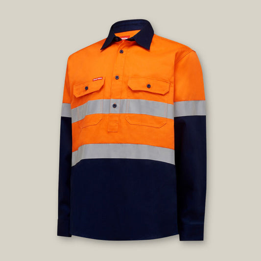 Hard Yakka Core Hi-Vis Taped Two Tone Closed Front Heavy Cotton Drill Long Sleeve Shirt - Y04615