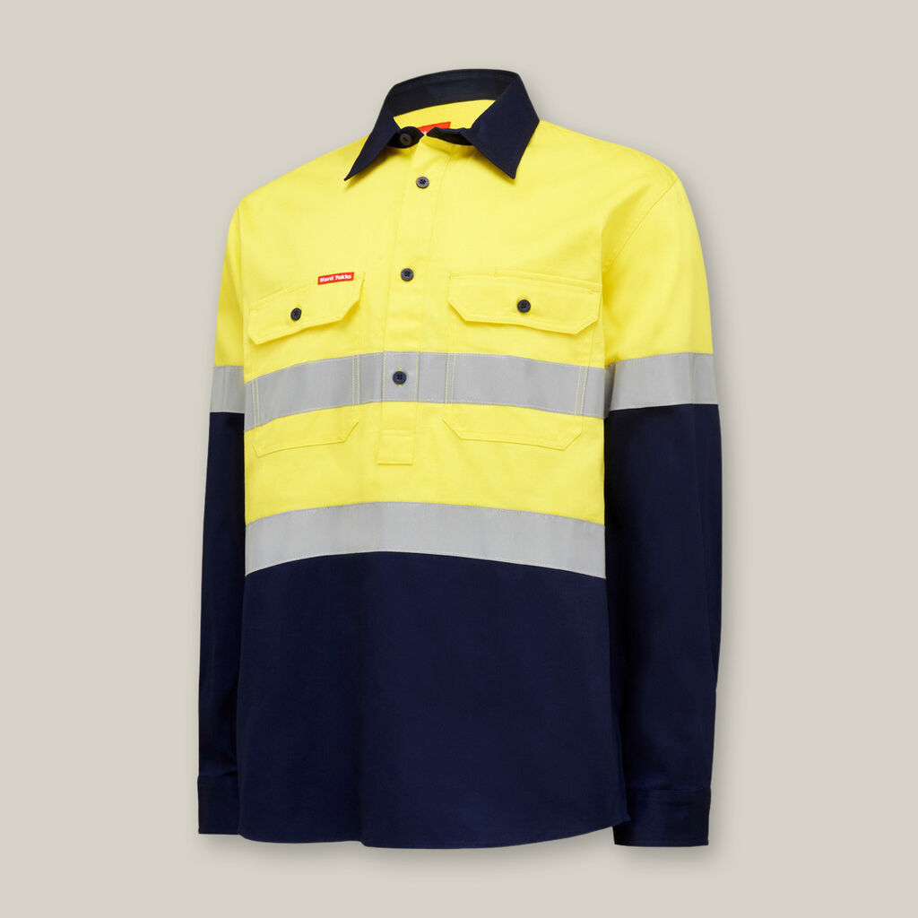 Hard Yakka Core Hi-Vis Taped Two Tone Closed Front Heavy Cotton Drill Long Sleeve Shirt - Y04615