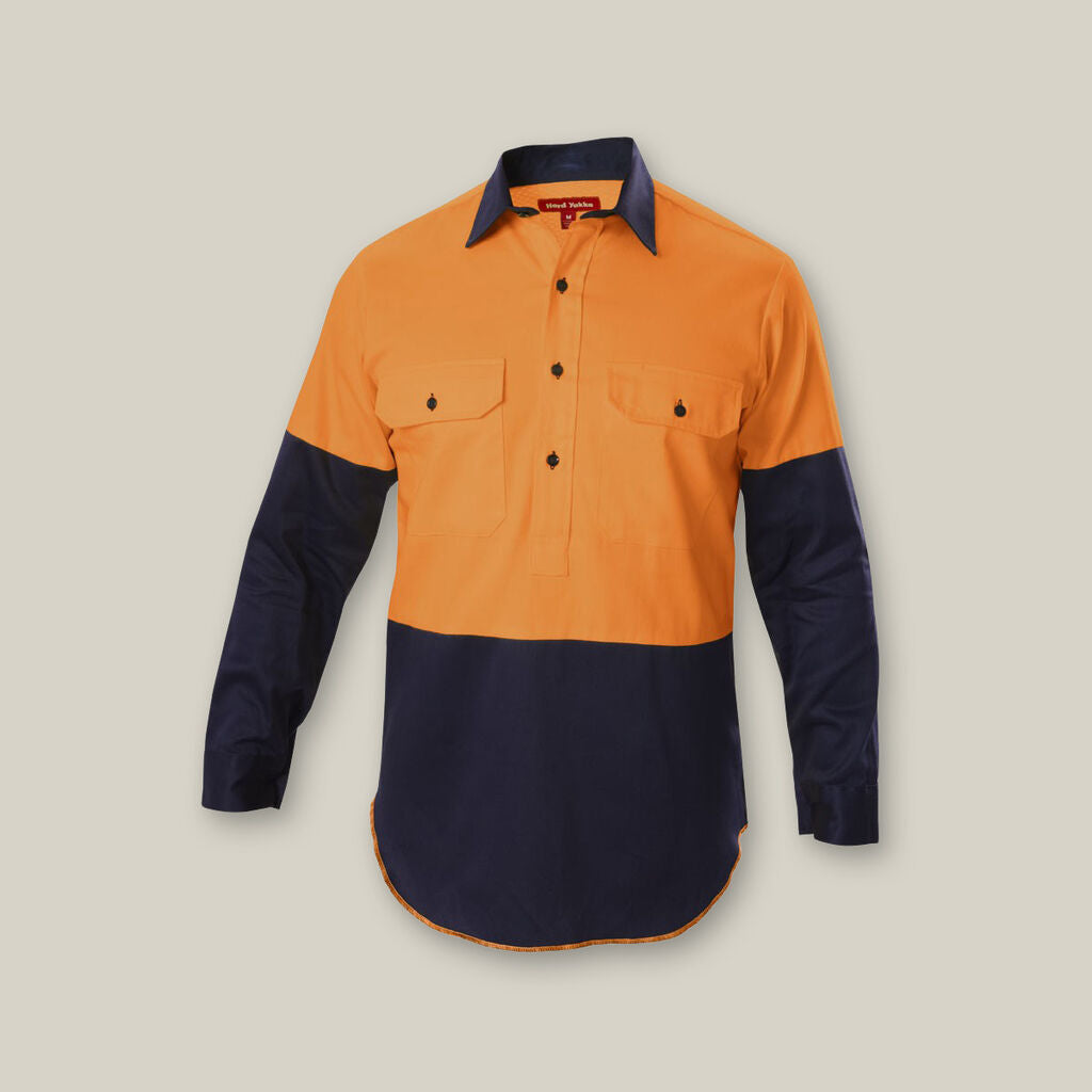 Hard Yakka Hi-Vis Closed Front Cotton Drill Long Sleeve Shirt With Gusset - Y07984